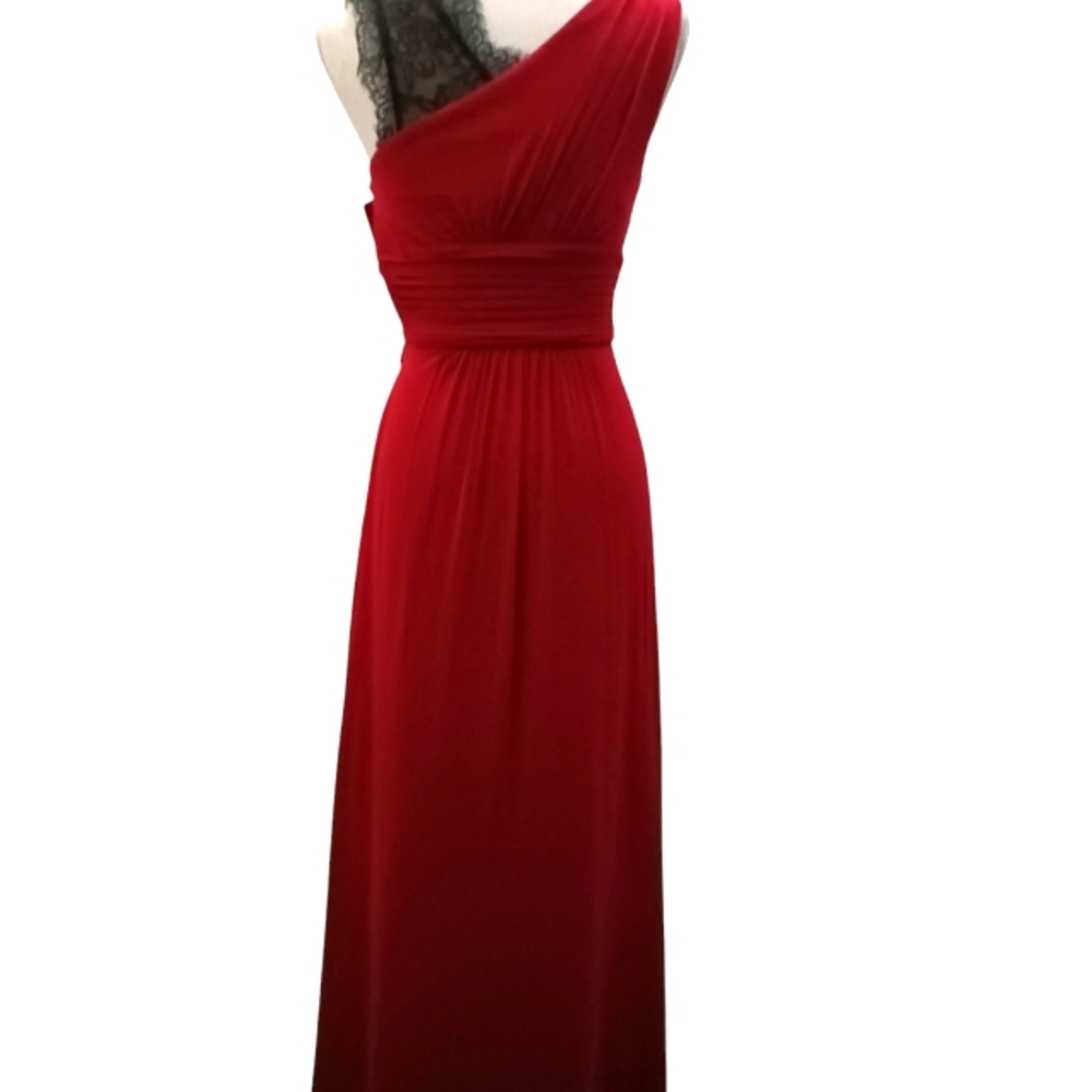 BCBG Maxazria Quenby Red Maxi gown with rouching and black lace. XS - Picture 8 of 10